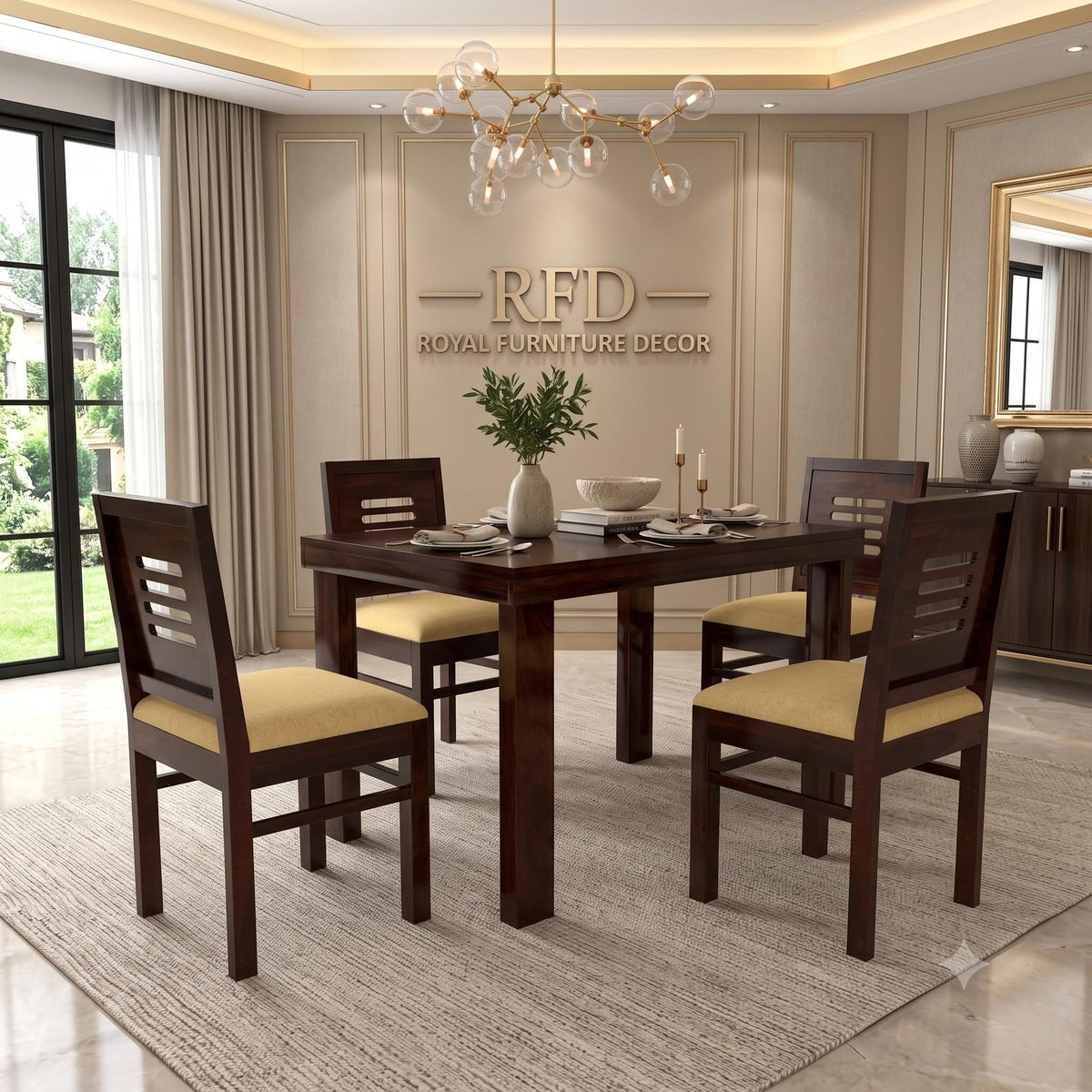 Royal Furniture Decor Solid Sheesham Wood 4 Seater Dining Table Set with Cushioned Chairs for Dining Room | Living Room | Home & Office | Hotels Restaurant & Cafe (4 Seater, Walnut Finish D)