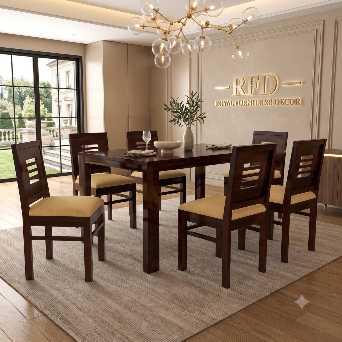 Royal Furniture Decor Solid Sheesham Wood 6 Seater Dining Table Set with Cushioned Chairs for Dining Room | Living Room | Home & Office | Hotels Restaurant & Cafe (6 Seater, Walnut Finish D)