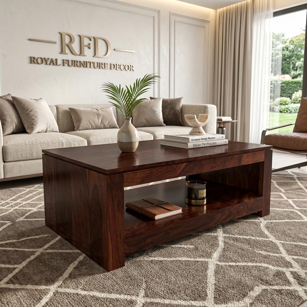 Royal Furniture Decor Sheesham Wooden Center Coffee Table with Shelf for Living Room | Solid Wood Teapoy Tea Table | Rosewood Sofa Center Table for Home & Office (Walnut)