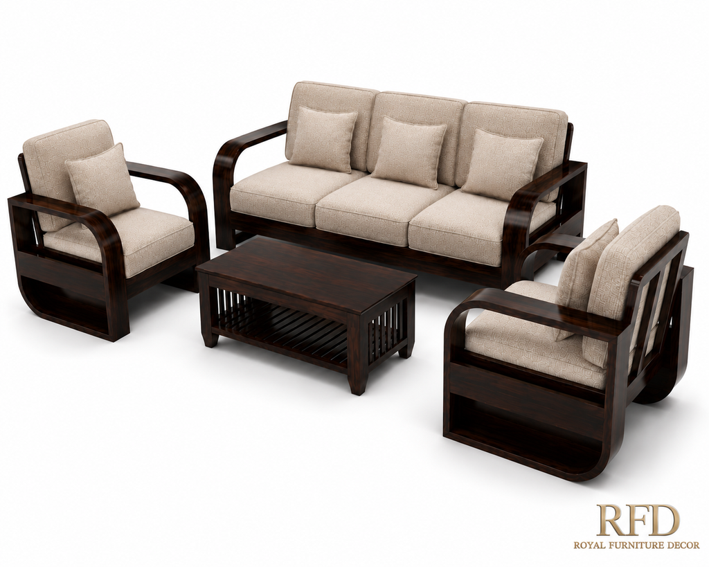 Royal Furniture Decor 5-Seater Wooden Sofa Set, Beige Fabric