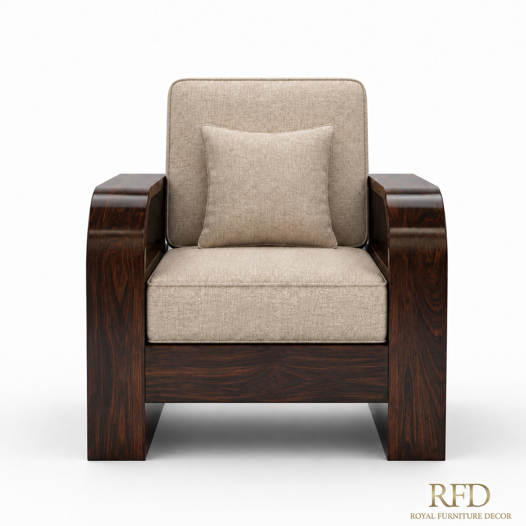 Royal Furniture Decor 5-Seater Wooden Sofa Set, Beige Fabric
