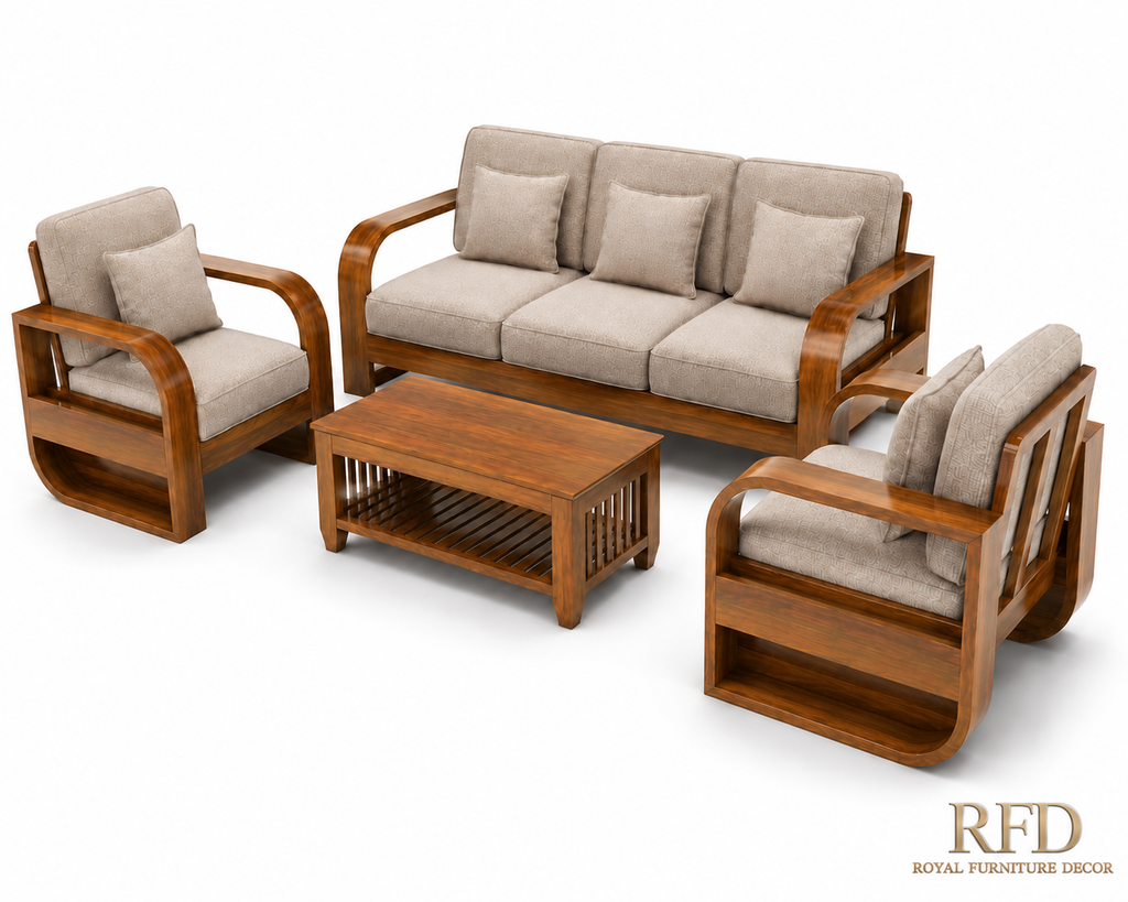 RFD Royal Furniture Decor 5-Seater Wooden Sofa Set, Beige Fabric
