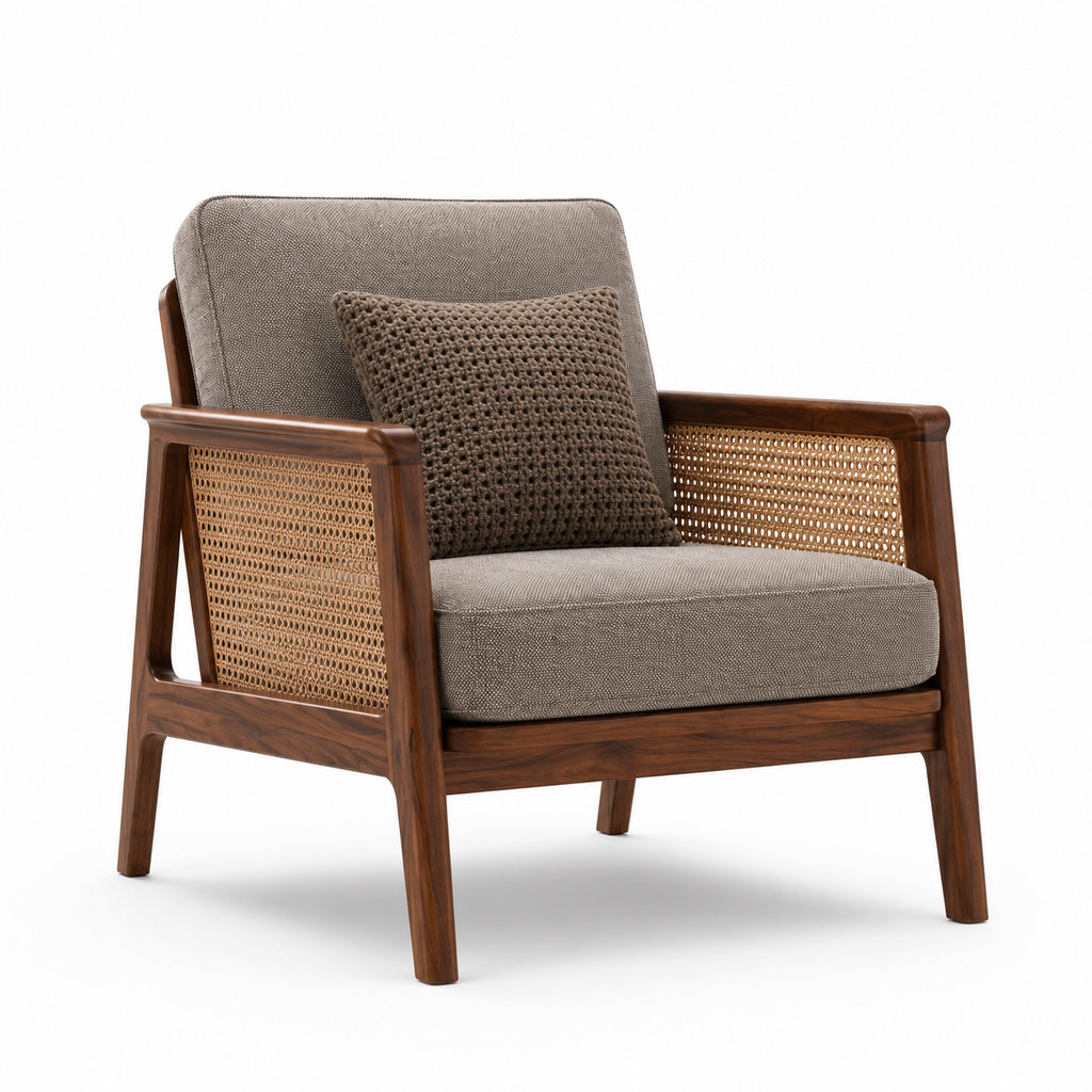 RFD Solid Sheesham Wood 5 Seater Sofa Set (3+1+1) with Cane Armrests | Light Grey Upholstery