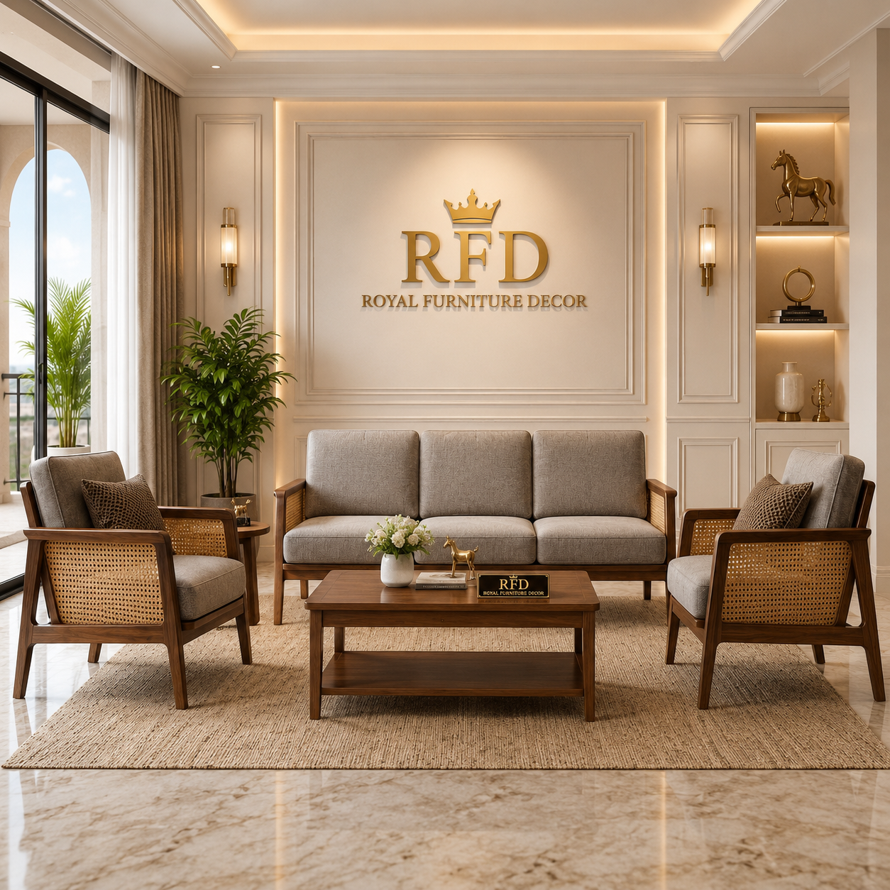 RFD Solid Sheesham Wood 5 Seater Sofa Set (3+1+1) with Cane Armrests | Light Grey Upholstery