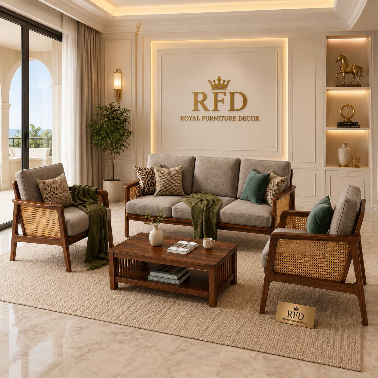 RFD Solid Sheesham Wood 5 Seater Sofa Set (3+1+1) with Cane Armrests | Light Grey Upholstery