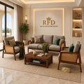RFD Solid Sheesham Wood 5 Seater Sofa Set (3+1+1) with Cane Armrests | Light Grey Upholstery