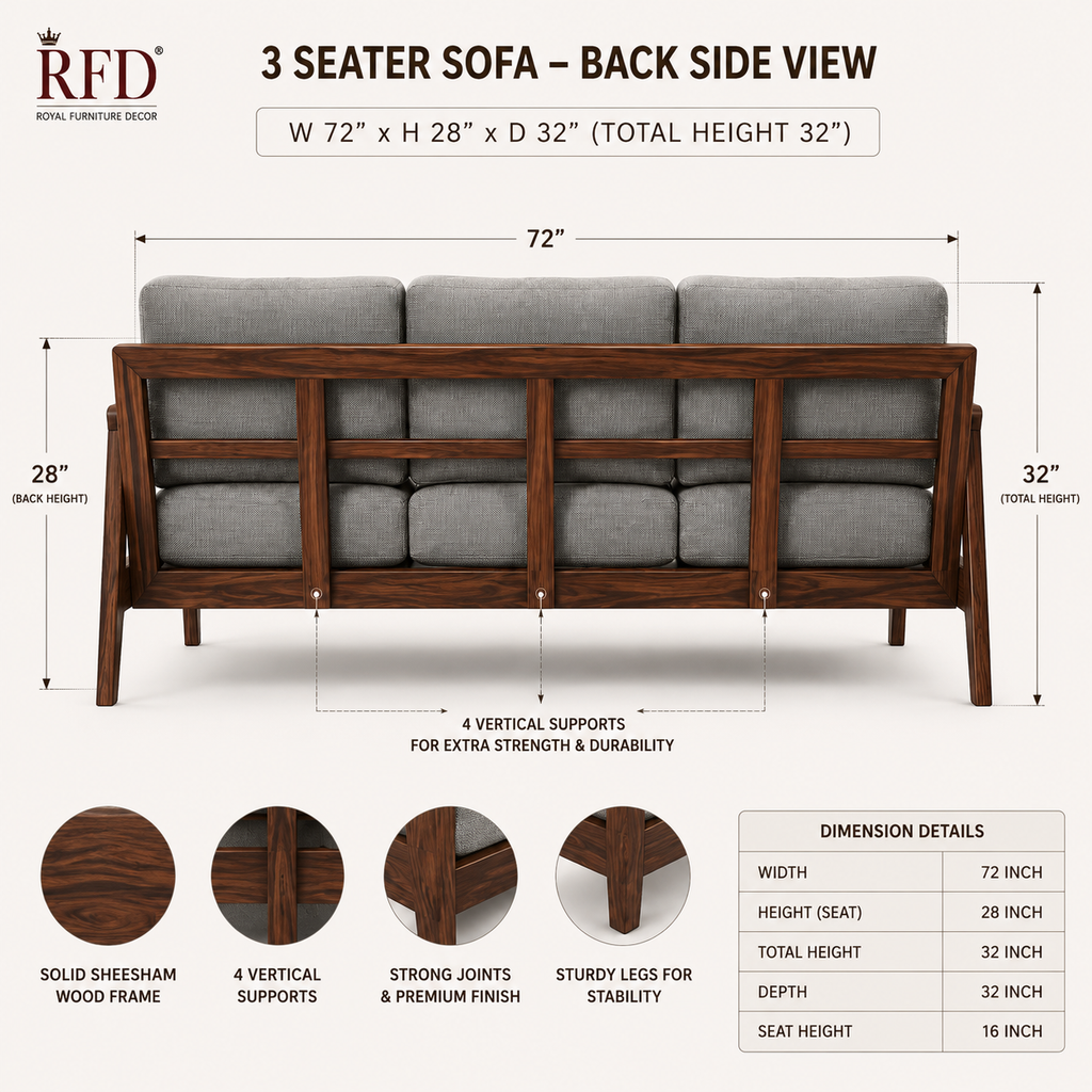 RFD Solid Sheesham Wood 5 Seater Sofa Set (3+1+1) with Cane Armrests | Light Grey Upholstery