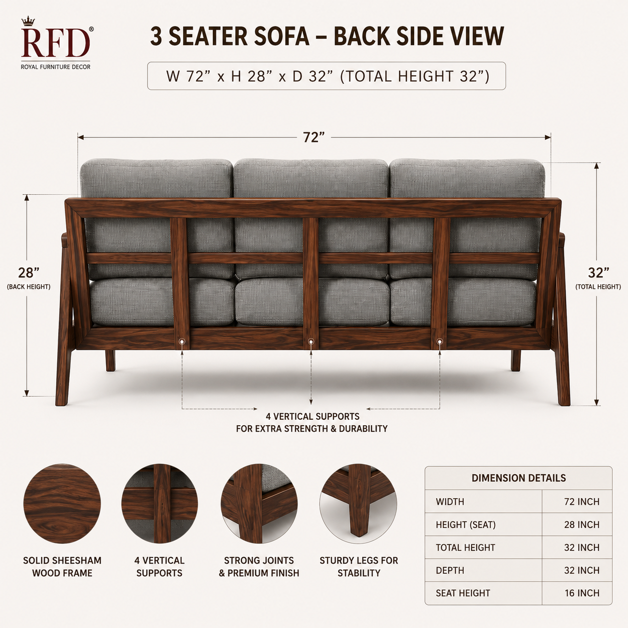 RFD Solid Sheesham Wood 5 Seater Sofa Set (3+1+1) with Cane Armrests | Light Grey Upholstery