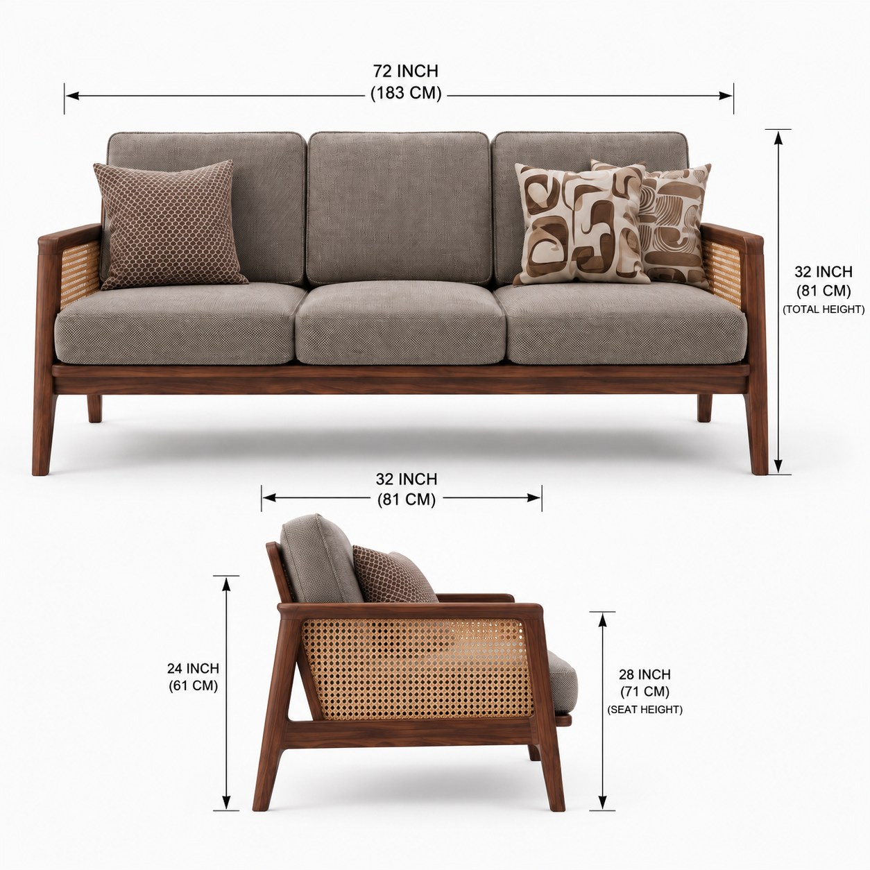 RFD Solid Sheesham Wood 5 Seater Sofa Set (3+1+1) with Cane Armrests | Light Grey Upholstery