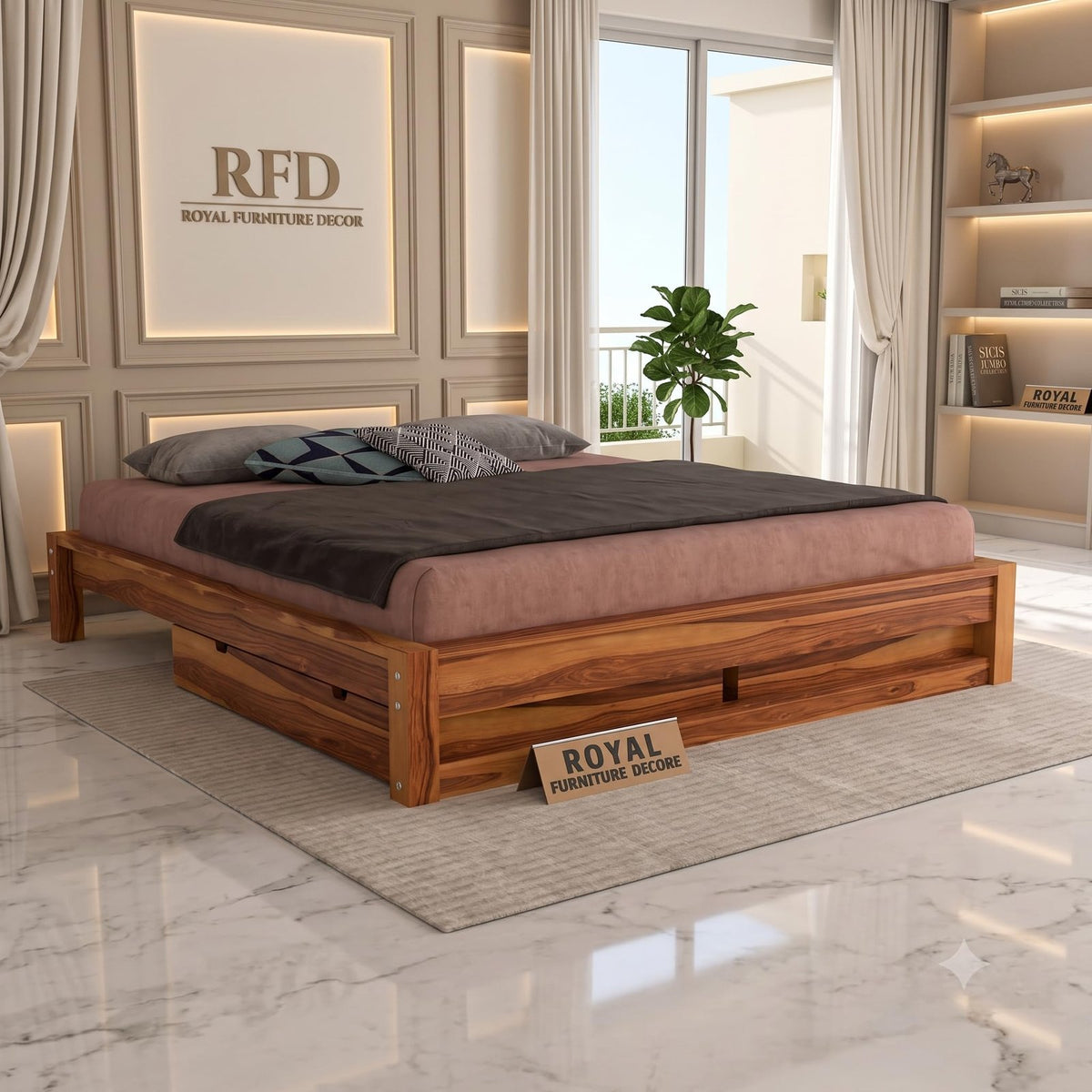 RFD - Royal Furniture Decor Solid Sheesham Wood Low Height Platform Queen Size Bed with Storage for Bedroom Wooden Double Bed (Natural Finish)