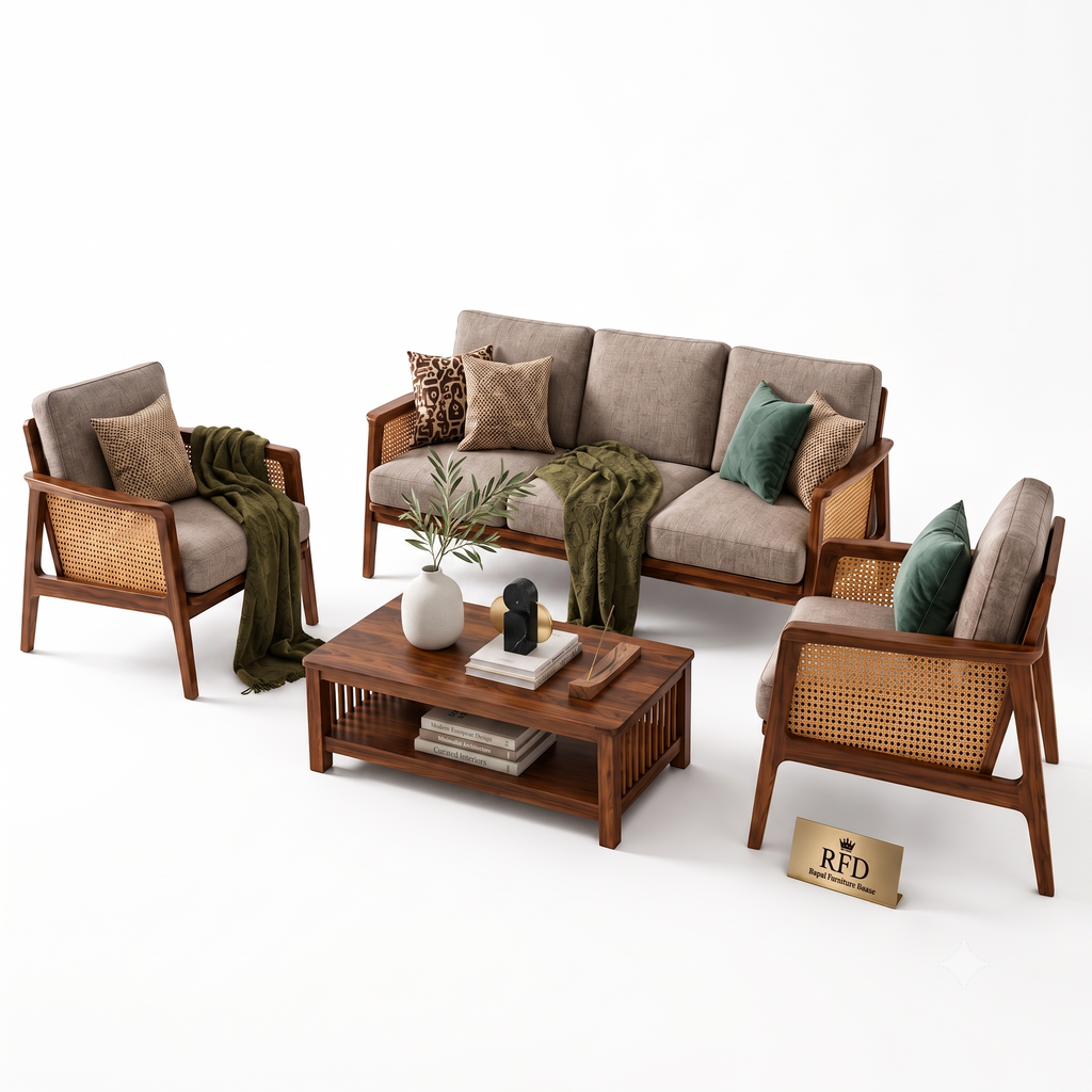 RFD Solid Sheesham Wood 5 Seater Sofa Set (3+1+1) with Cane Armrests | Light Grey Upholstery