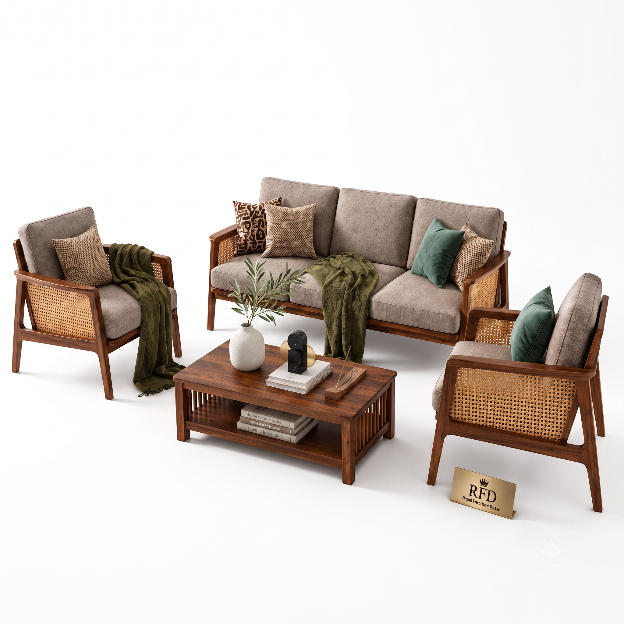 RFD Solid Sheesham Wood 5 Seater Sofa Set (3+1+1) with Cane Armrests | Light Grey Upholstery