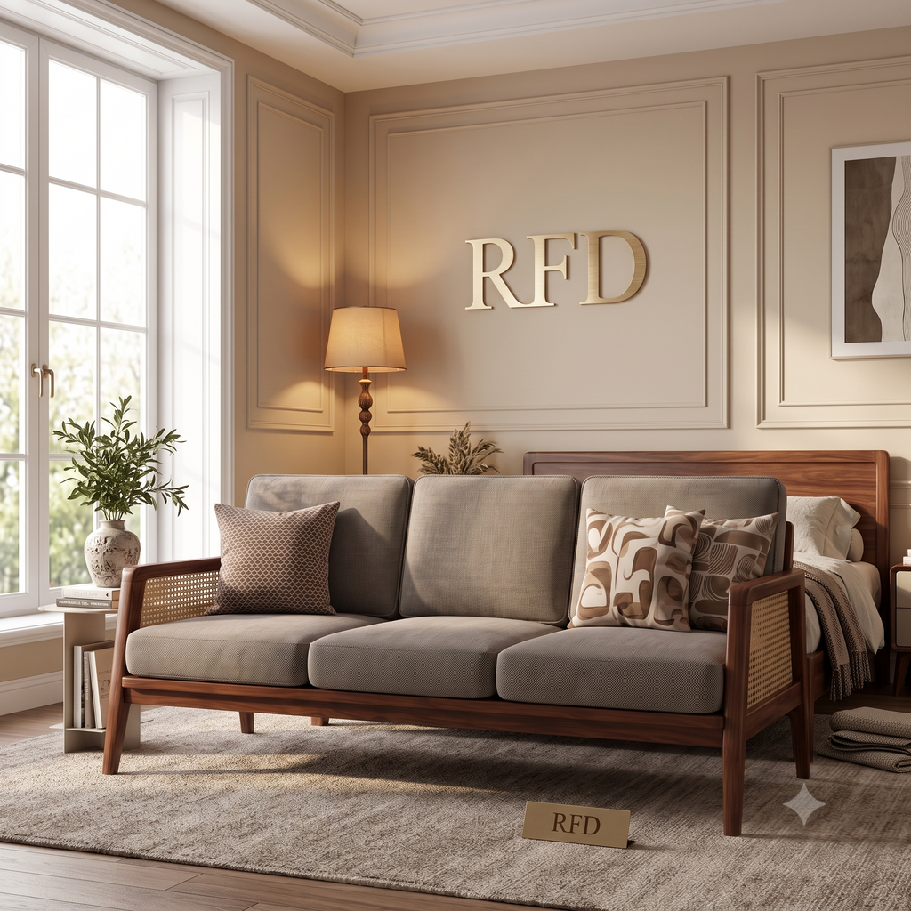 RFD Solid Sheesham Wood 5 Seater Sofa Set (3+1+1) with Cane Armrests | Light Grey Upholstery