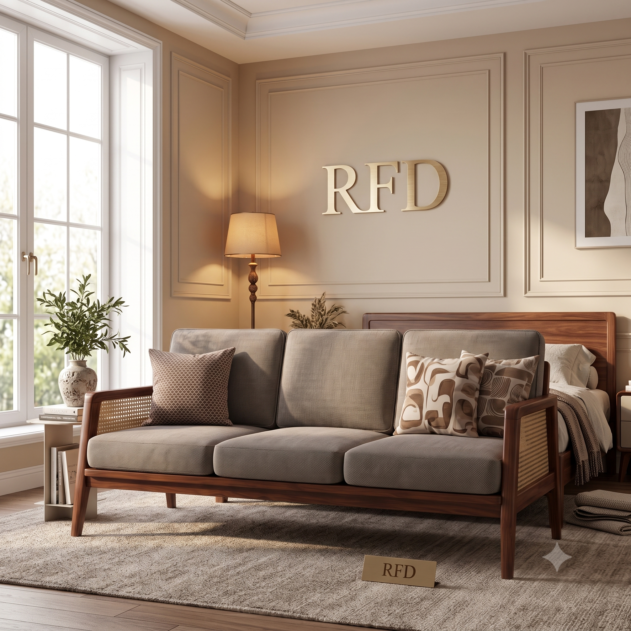 RFD Solid Sheesham Wood 5 Seater Sofa Set (3+1+1) with Cane Armrests | Light Grey Upholstery