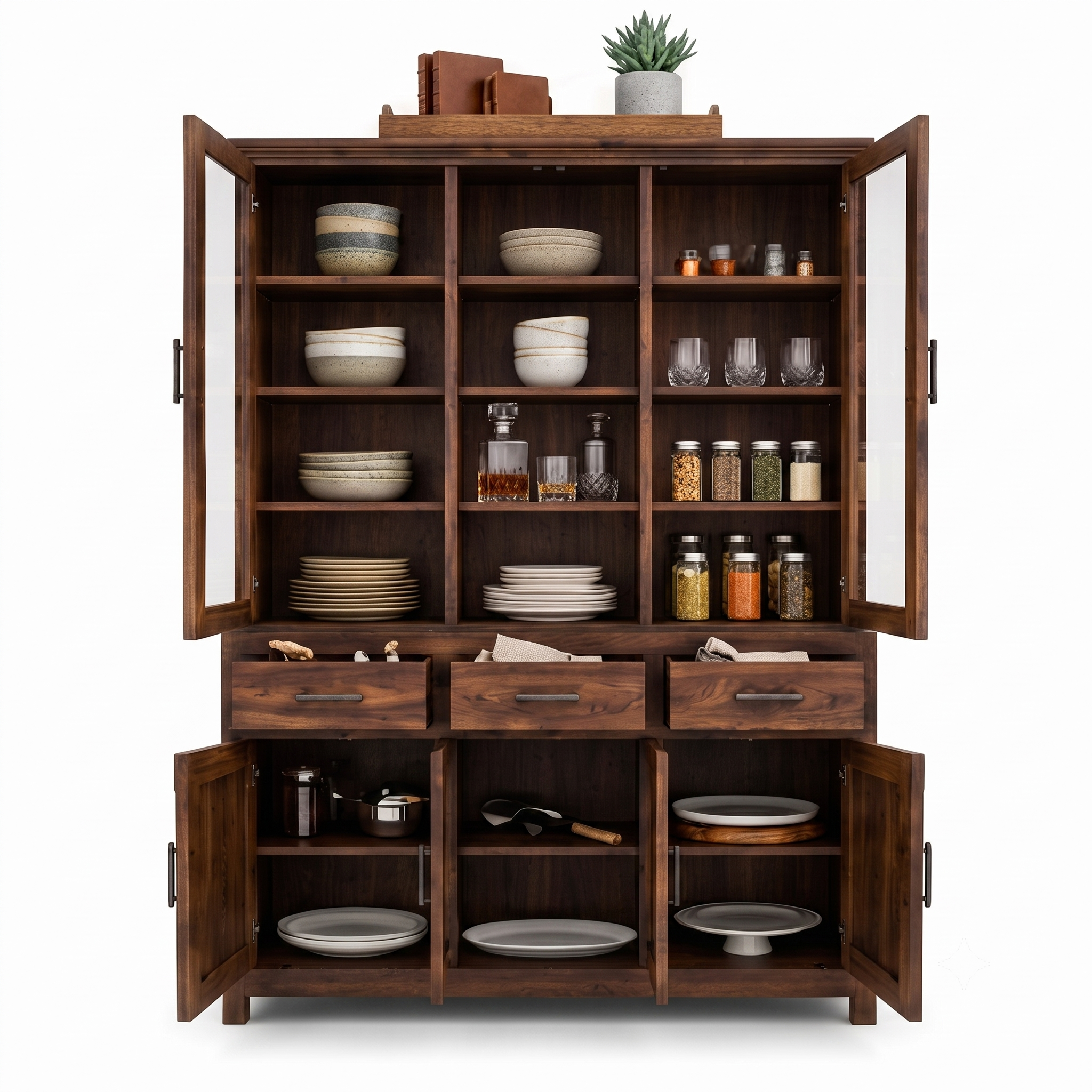 RFD Solid Wood Display Cabinet with Glass Doors and Drawers