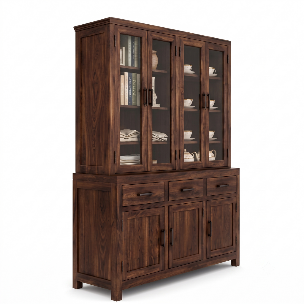 RFD Solid Wood Display Cabinet with Glass Doors and Drawers