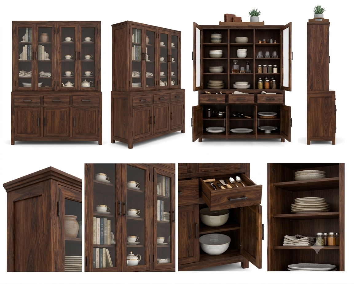 RFD Solid Wood Display Cabinet with Glass Doors and Drawers