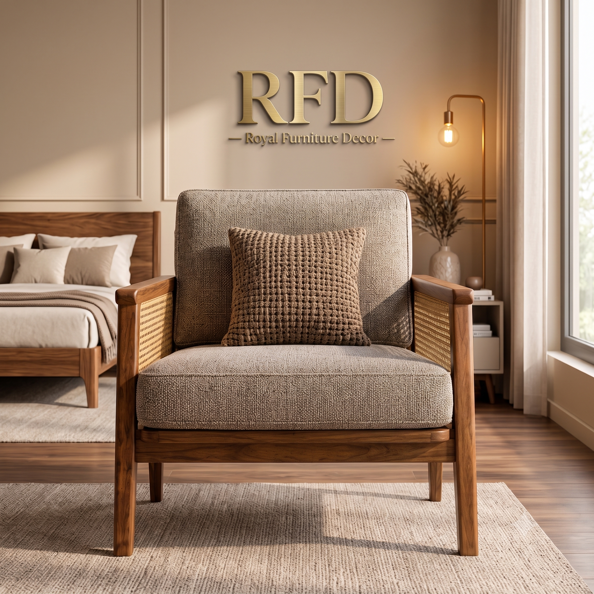 RFD Solid Sheesham Wood 5 Seater Sofa Set (3+1+1) with Cane Armrests | Light Grey Upholstery