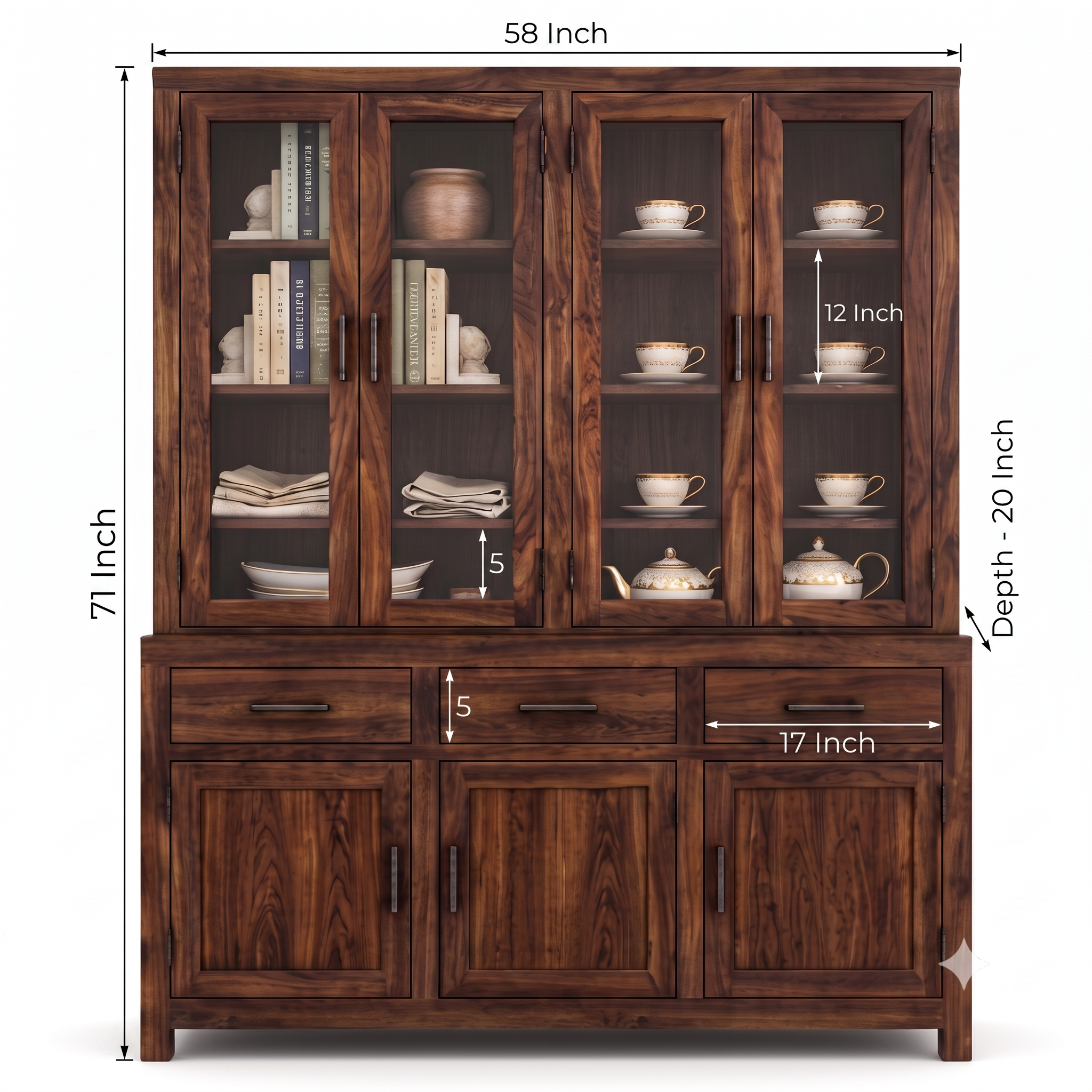 RFD Solid Wood Display Cabinet with Glass Doors and Drawers