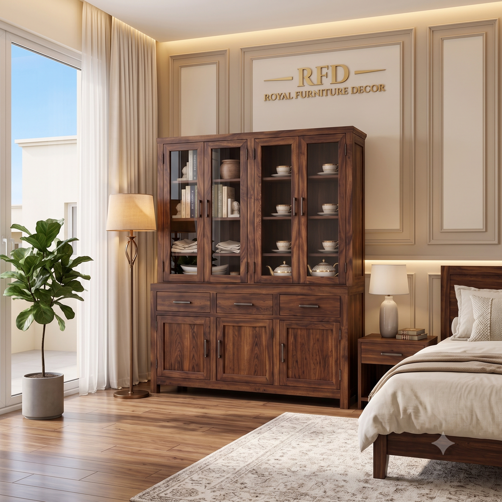 RFD Solid Wood Display Cabinet with Glass Doors and Drawers