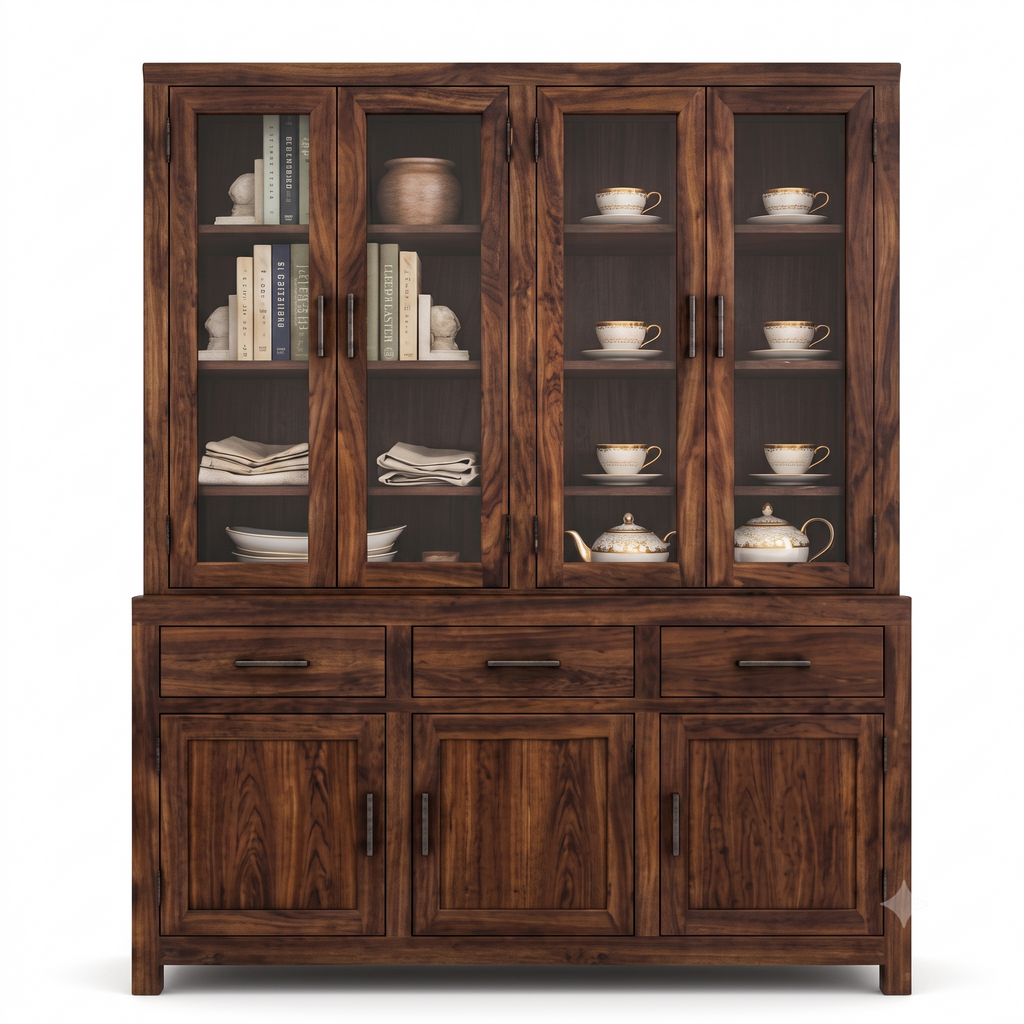 RFD Solid Wood Display Cabinet with Glass Doors and Drawers