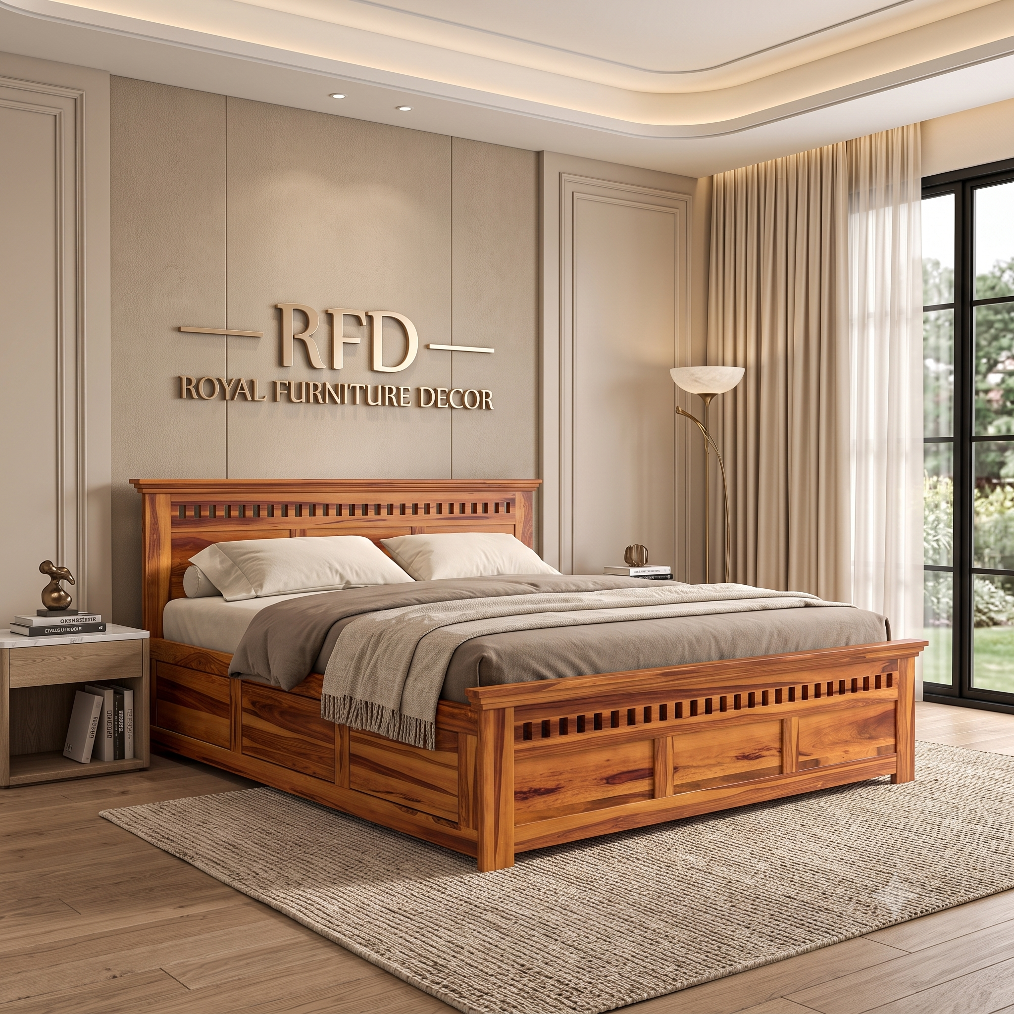 RFD Sheesham Wood King Size Hydraulic Bed with Headboard | Honey Finish