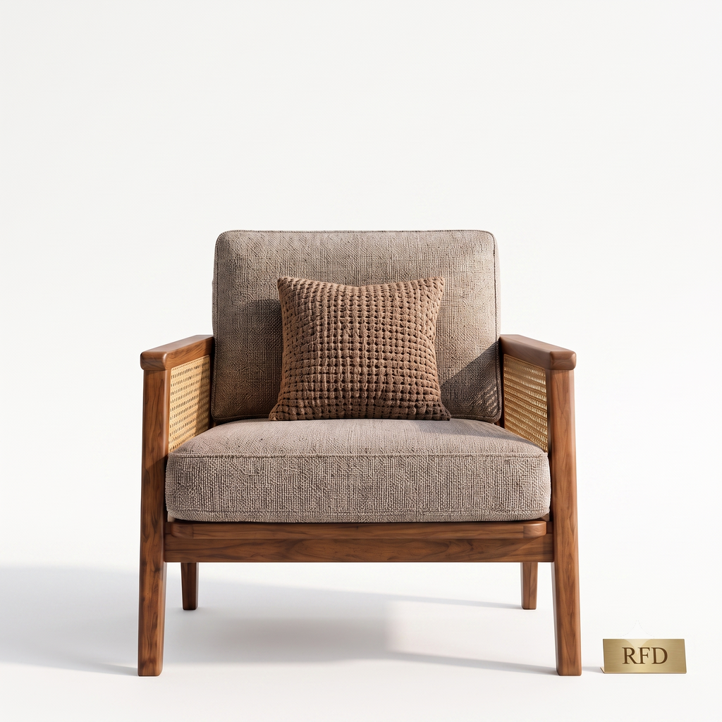 RFD Solid Sheesham Wood 5 Seater Sofa Set (3+1+1) with Cane Armrests | Light Grey Upholstery
