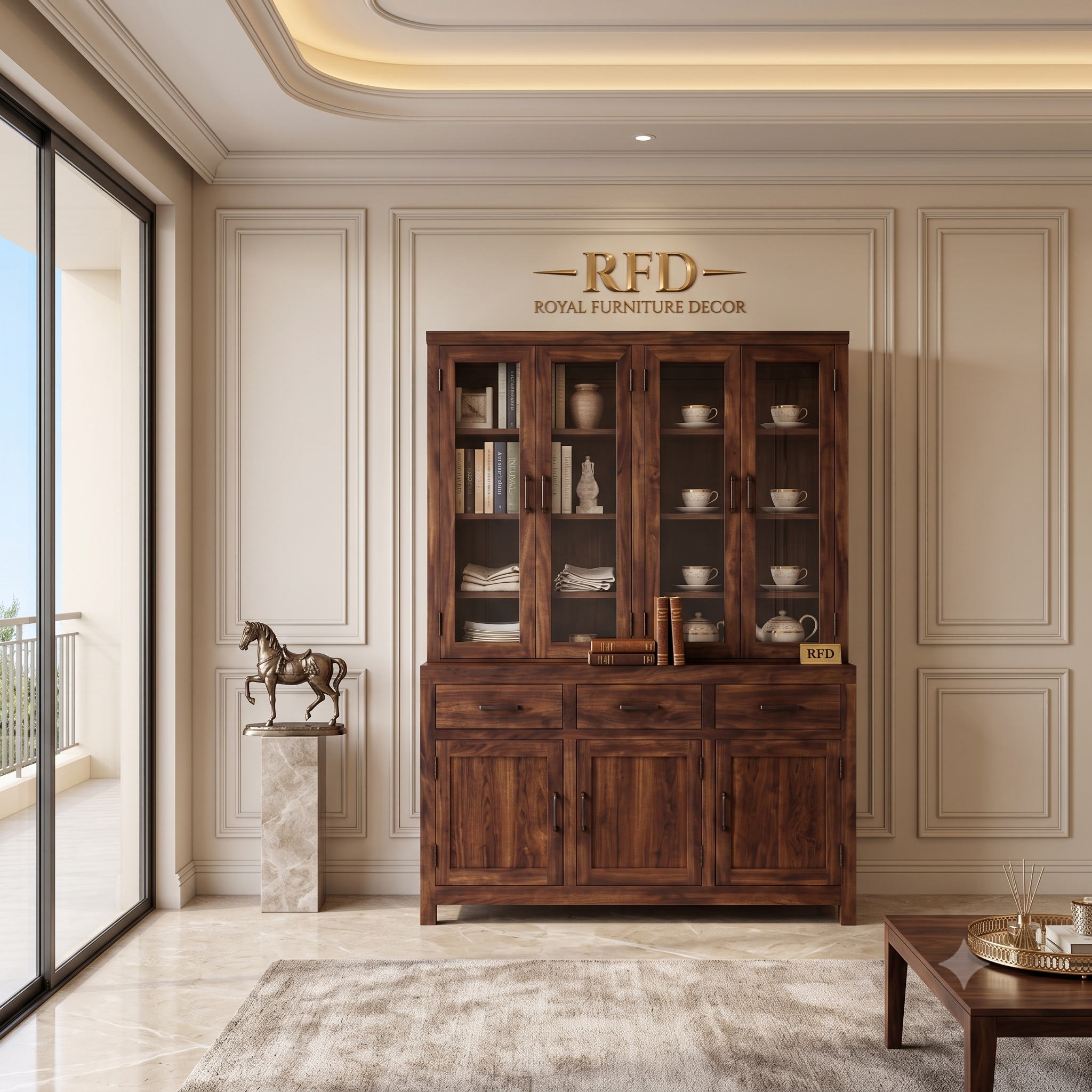 RFD Solid Wood Display Cabinet with Glass Doors and Drawers