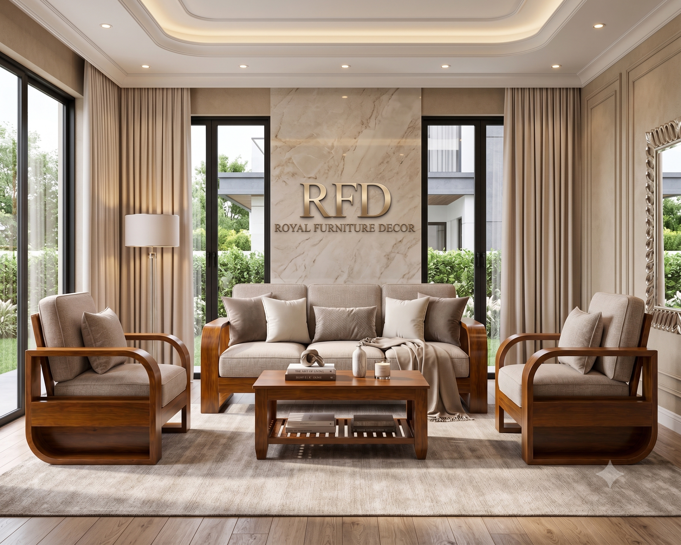 RFD Royal Furniture Decor 5-Seater Wooden Sofa Set, Beige Fabric
