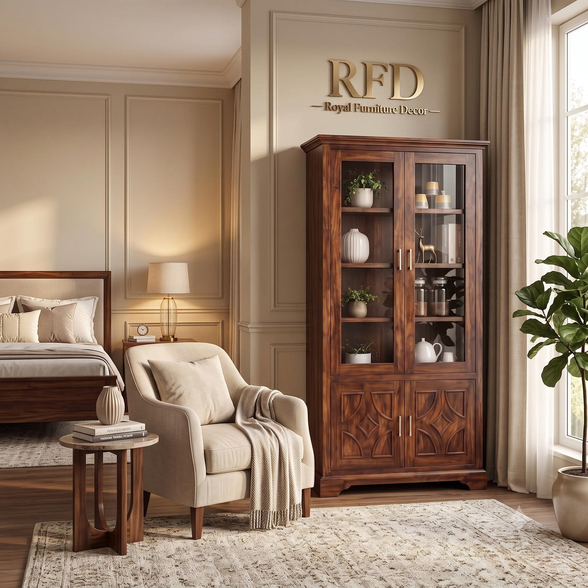 Royal Furniture Decor Solid Sheesham Wood Display Cabinet with Glass Doors, Wooden Storage Cabinet for Living Room, Dining Room & Kitchen, Walnut Finish (36 x 16 x 57 Inch)