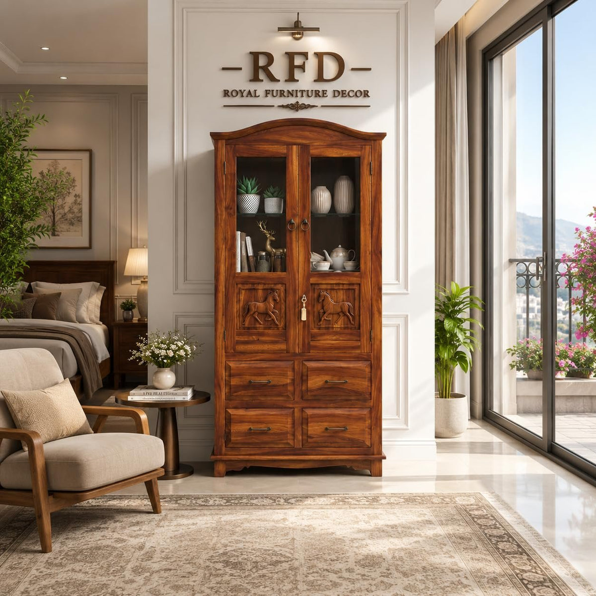 Royal Furniture Decor Solid Wood Display Cabinet with Glass Doors