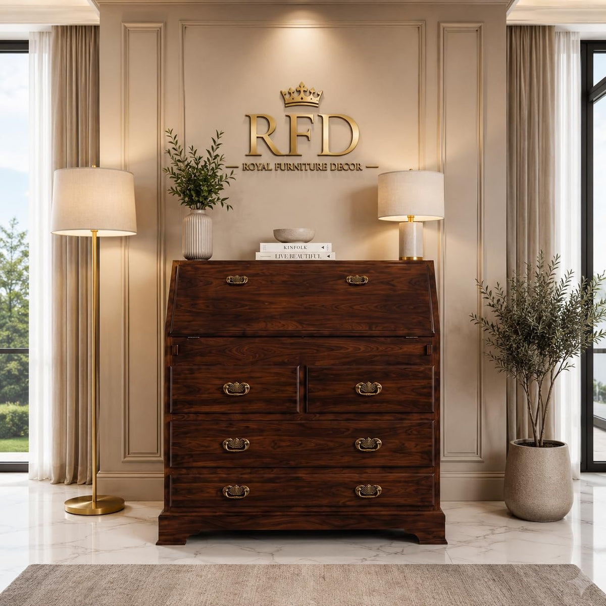 Royal Furniture Decor Solid Wood Bureau Desk with Drawers, Dark Walnut