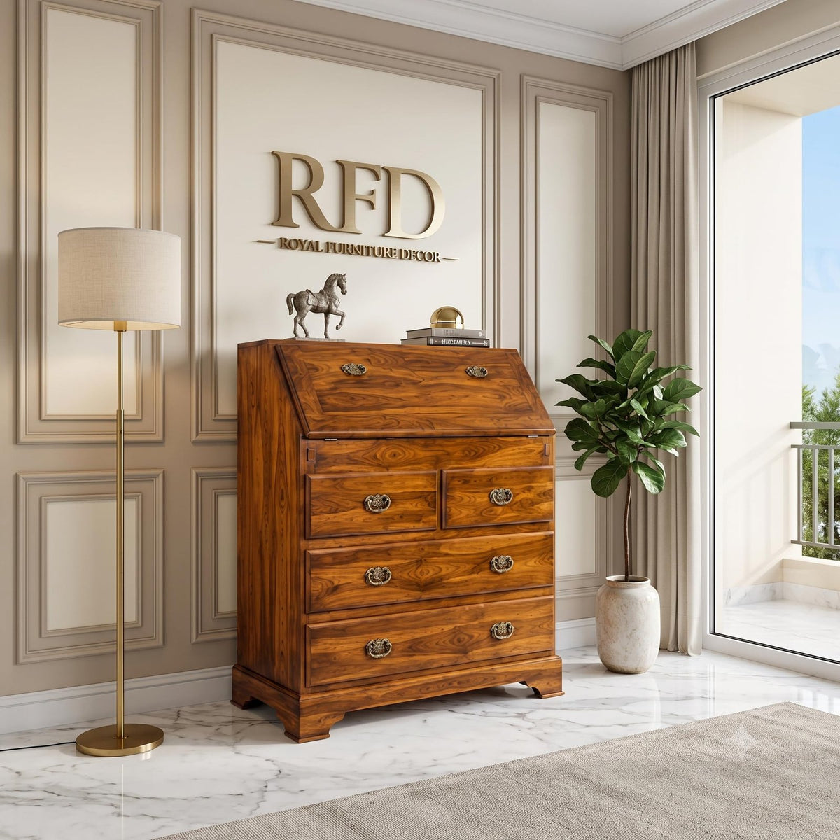 Royal Furniture Decor Solid Wood Bureau Desk with Drawers, Natural Honey