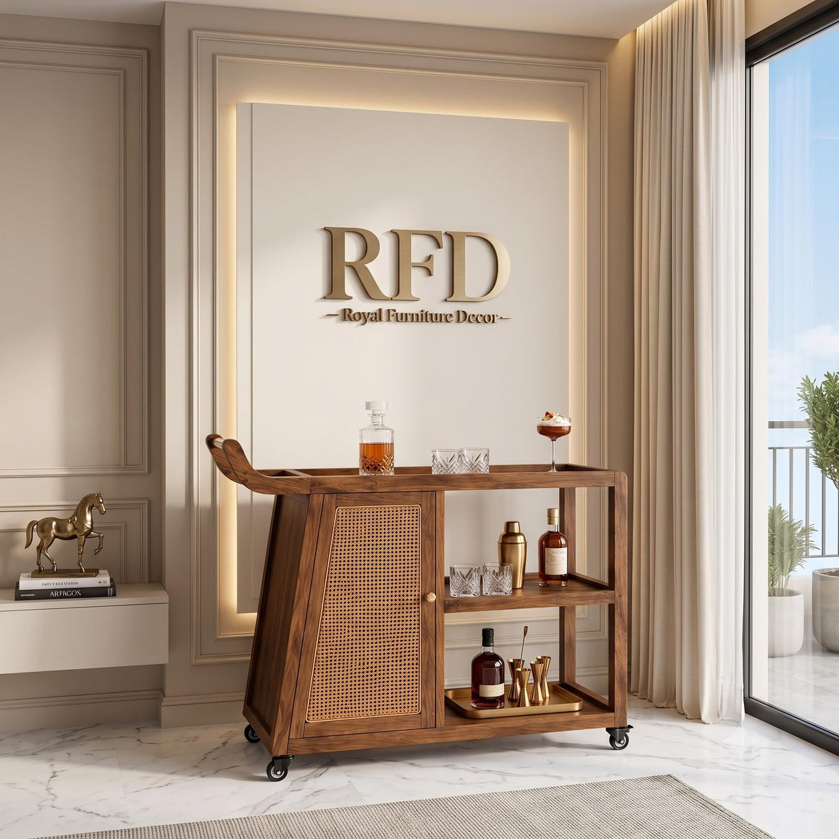Royal Furniture Decor Bar Cart with Rattan Door, Walnut Wood