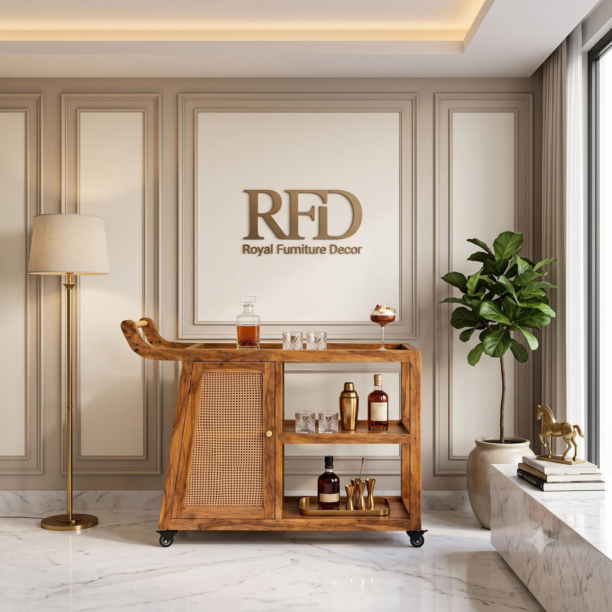 Royal Furniture Decor Bar Cart with Rattan Door, Natural Honey Finish
