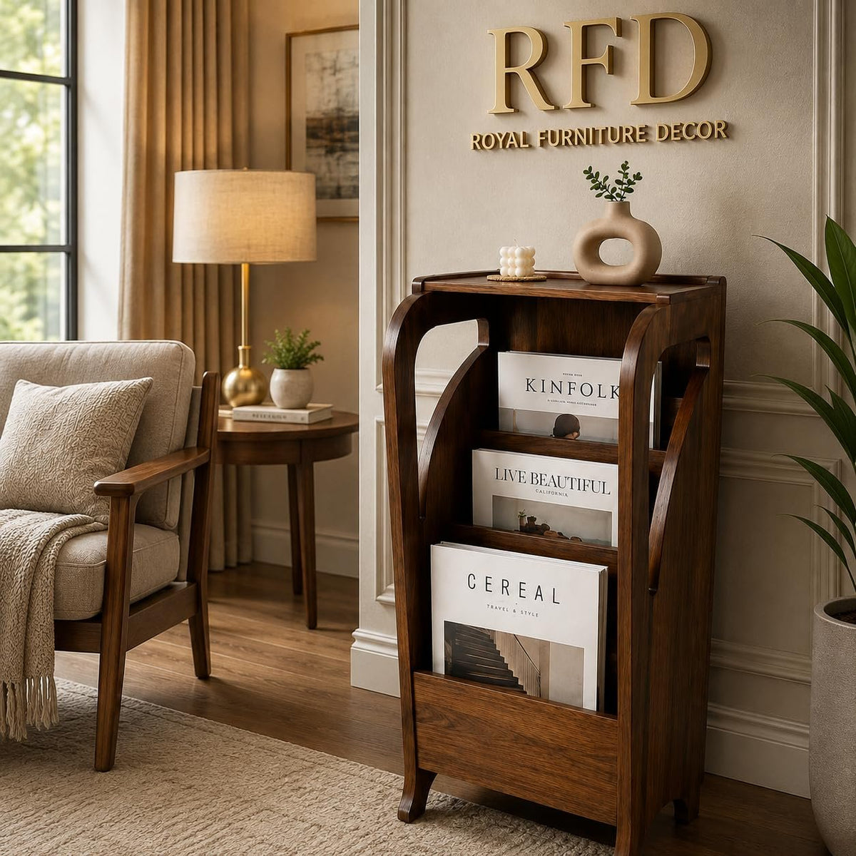 RFD - Royal Furniture Decor Wooden Magazine Rack Stand, Walnut Brown