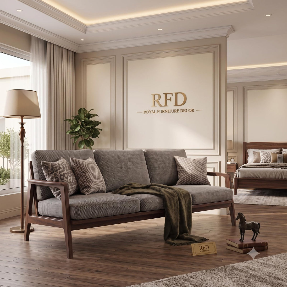 RFD - Royal Furniture Decor Solid Sheesham Wood 3 Seater Sofa for Living Room, Premium Wooden Frame with High Density Cushions, Grey