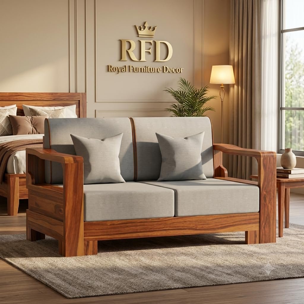 RFD - Royal Furniture Decor Solid Wood 2 Seater Sofa with Fabric Cushions