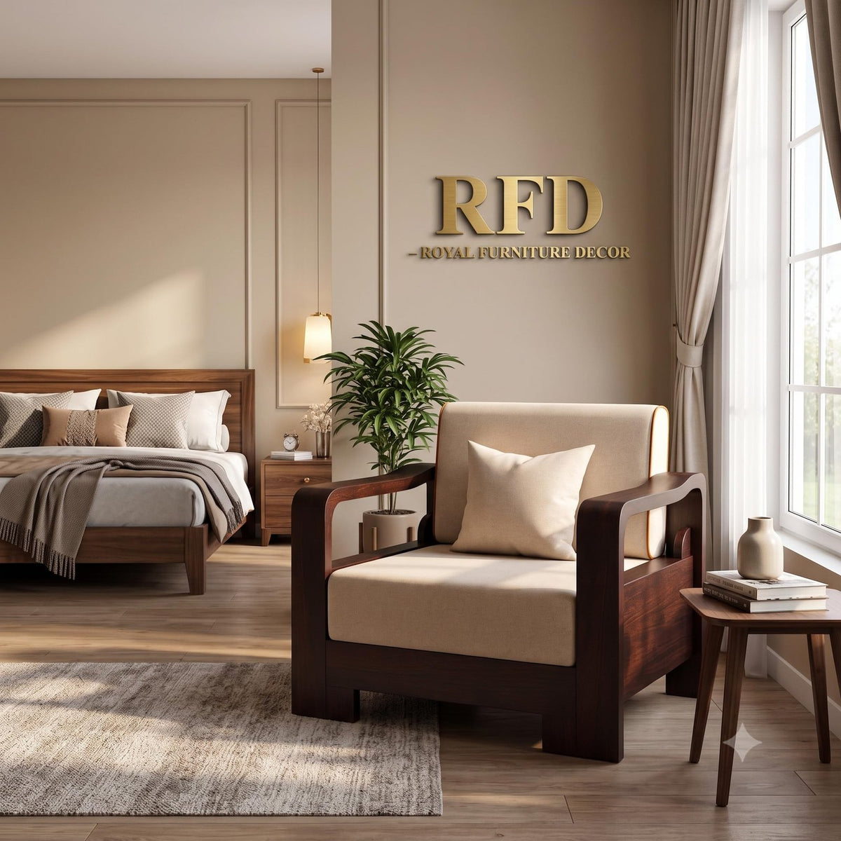 RFD Wooden Single Seater Sofa Chair with Beige Fabric Cushion