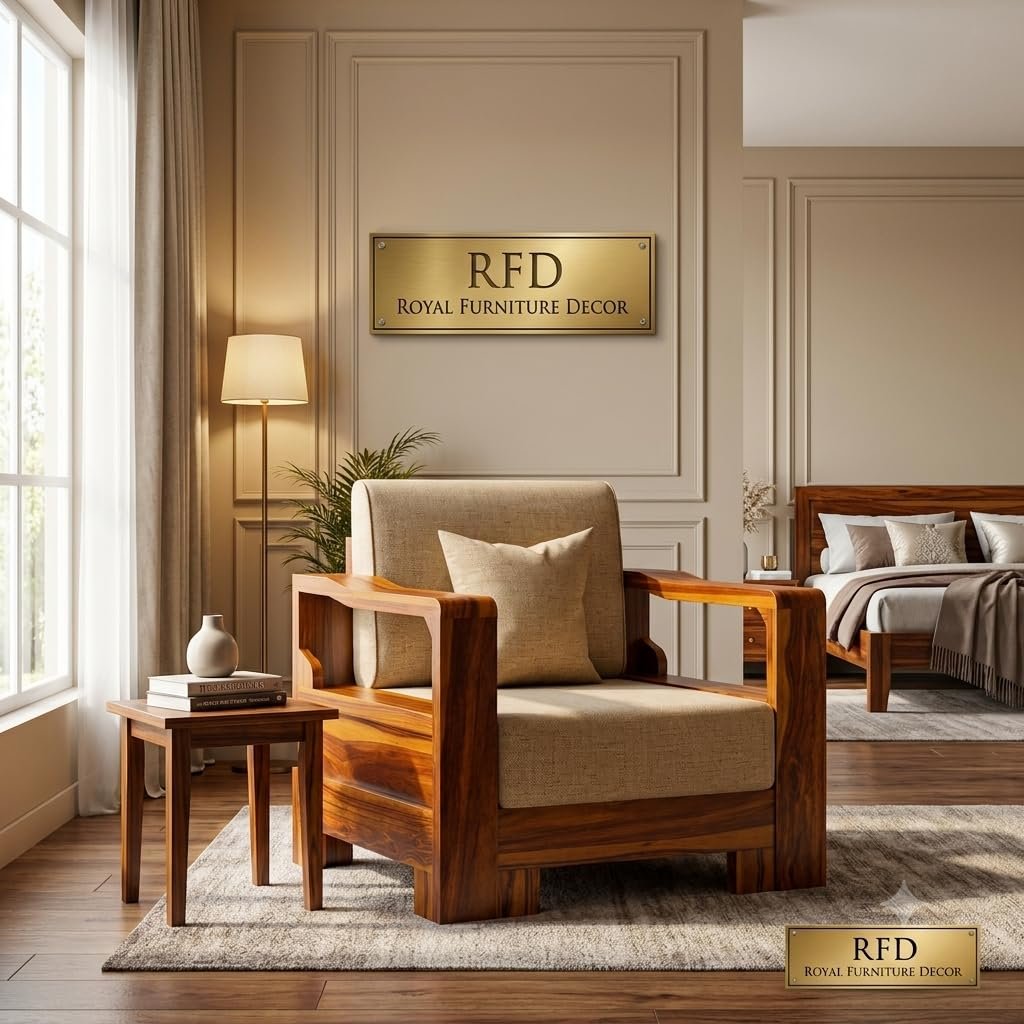 RFD Wooden Single Seater Sofa Chair with Beige Fabric Cushion