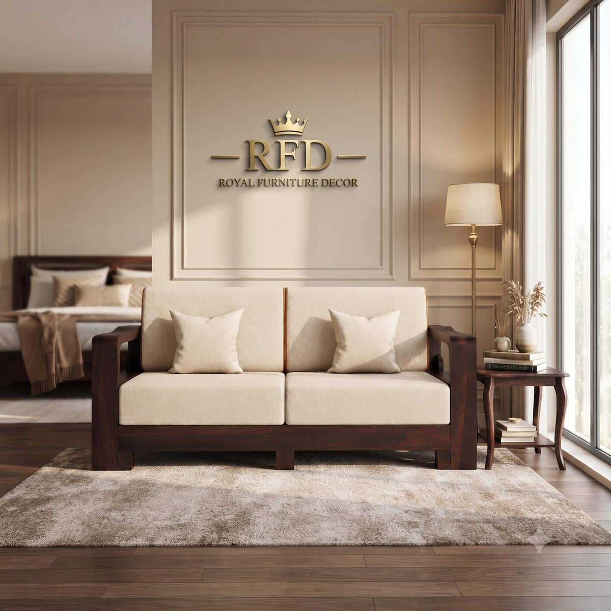 Royal Furniture Decor 2-Seater Wooden Sofa with Cushions, Cream