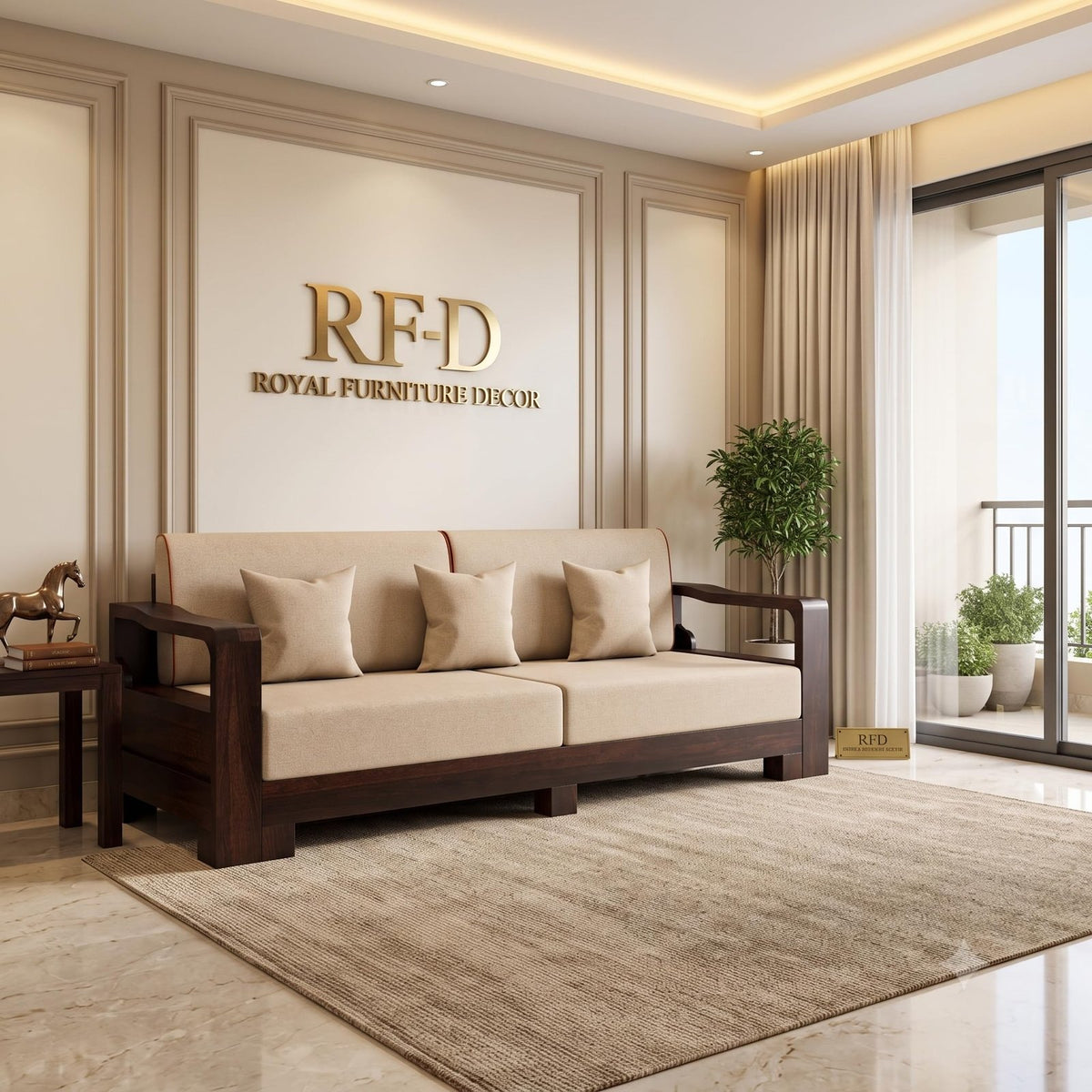 RFD - Royal Furniture Decor Wooden 3 Seater Sofa with Cushions, Beige
