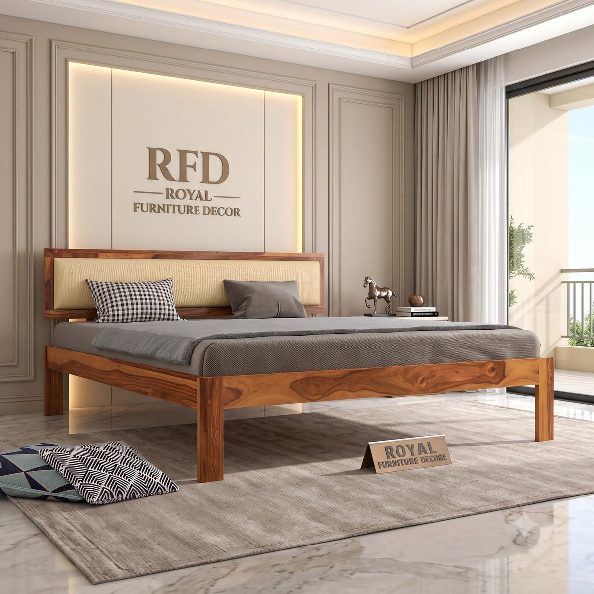 RFD - Royal Furniture Decor Solid Sheesham Wood Queen Size Bed Without Storage for Bedroom Living Room Home Wooden Cot Double Bed Palang with Cushion Headboard Furniture (Natural Finish)