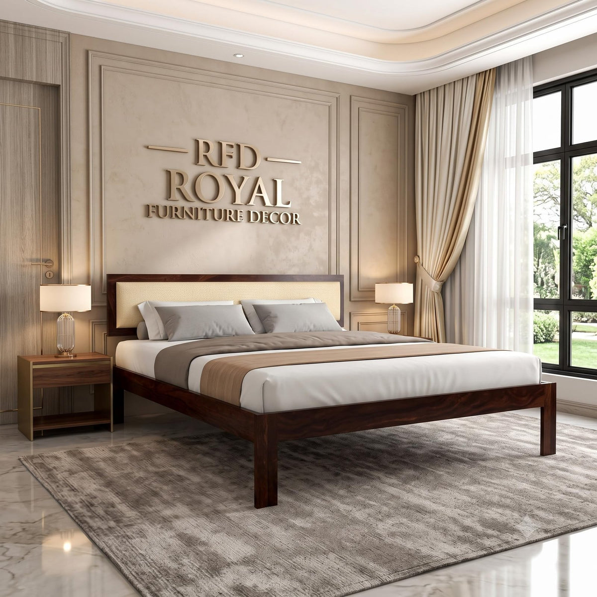 RFD - Royal Furniture Decor Solid Sheesham Wood Queen Size Bed Without Storage for Bedroom Living Room Home Wooden Cot Double Bed Palang with Cushion Headboard Furniture (Walnut Finish)