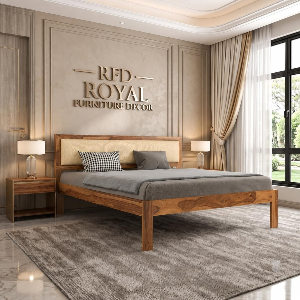 RFD - Royal Furniture Decor Solid Sheesham Wood King Size Bed Without Storage for Bedroom Living Room Home Wooden Cot Double Bed Palang with Cushion Headboard Furniture (Natural Finish)