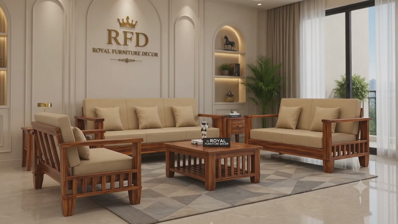 RFD Sheesham Wooden 7 Seater Sofa Set (3+2+2) Honey Finish with Rosewood Cushion & Newspaper Holder